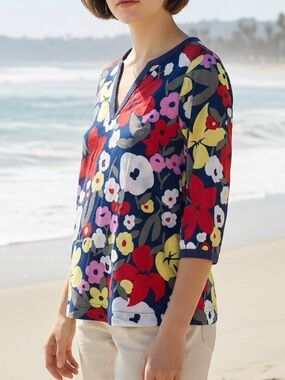 Boden Crinkle Cotton Navy Blue Red Floral Popover V-Neck Shirt Tropical Vacation